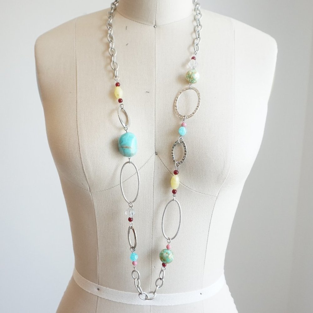 Silver Chunky Stone Long Chain Necklace